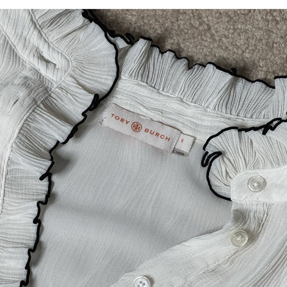 Tory Burch Dress Ivory Belted Long Sleeve Black Piping Detail Shirt Dress Sz 8 - Picture 13 of 14